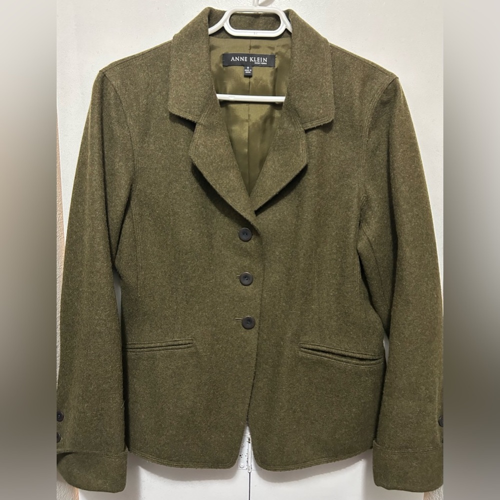Anne Klein women’s wool blazer jacket olive green size 8